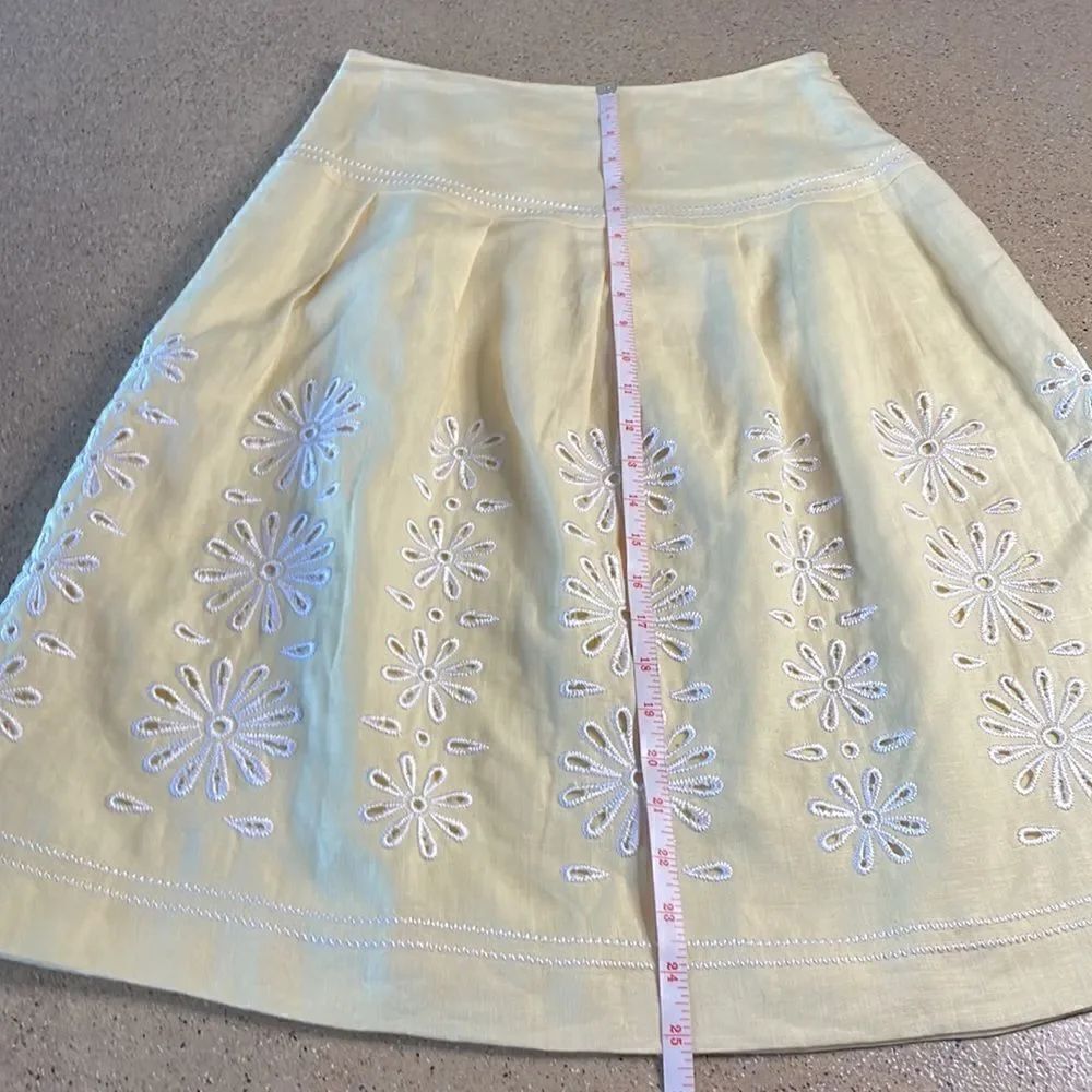 Peck & Peck Petite yellow 100% linen embroidered drop waist A-Line Midi skirt - Picture 10 of 14